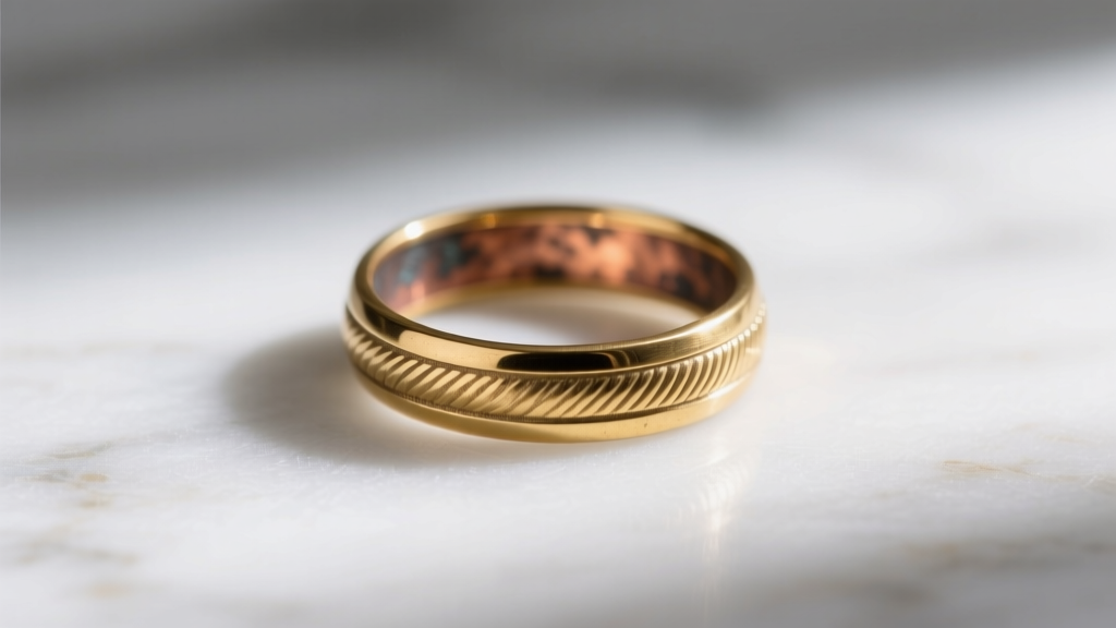 Close-up of a delicate gold-plated brass ring on marble, showing slight wear on the band revealing the darker base metal beneath.