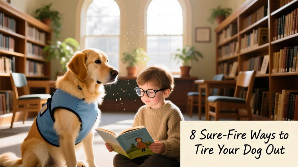 Dog wearing a therapy vest sitting calmly beside a child who is reading aloud in a library setting