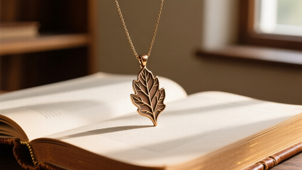 Minimalist bronze Leaf of Lorien pendant resting on an open leather book, natural sunlight casting soft shadows on the page.