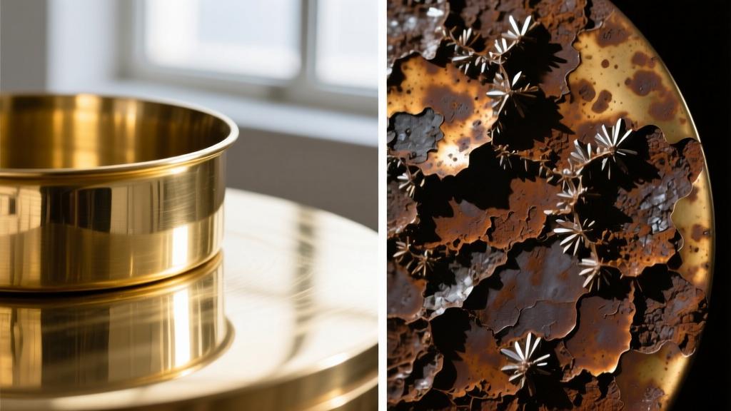 Macro split-screen showing raw bright brass on the left and heavily oxidized, dark brown tarnished brass on the right side.