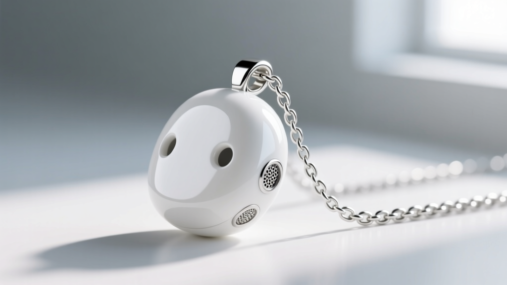 Macro shot of a white zirconia ceramic wearable audio pendant beside a silver steel chain, showing smooth glossy acoustic ports.