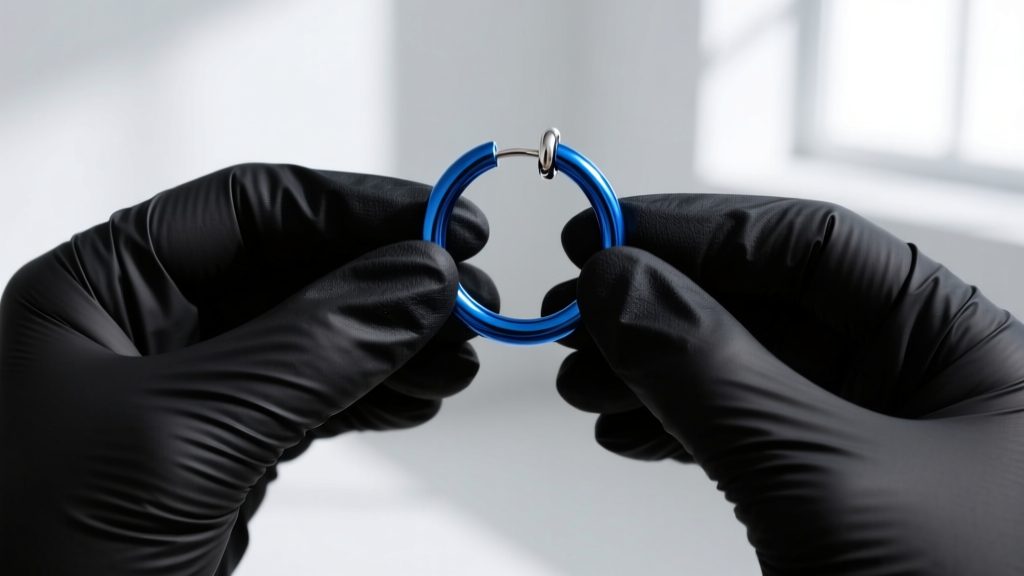 Piercer in black nitrile gloves holding anodized blue implant grade titanium huggie hoops ready for a client helix piercing