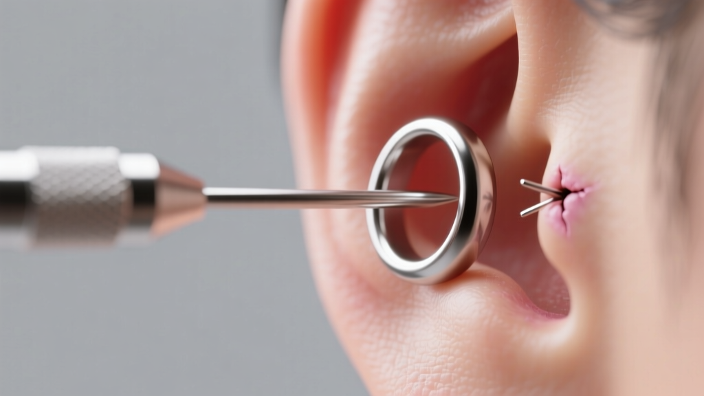 Steel taper guiding a 14-gauge titanium ring through a healed ear piercing, shown in a macro shot under bright studio lighting