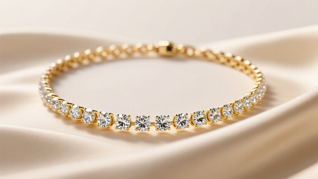 A sparkling 14k gold diamond tennis necklace on beige silk, illuminated by soft studio lighting to highlight the stone facets.