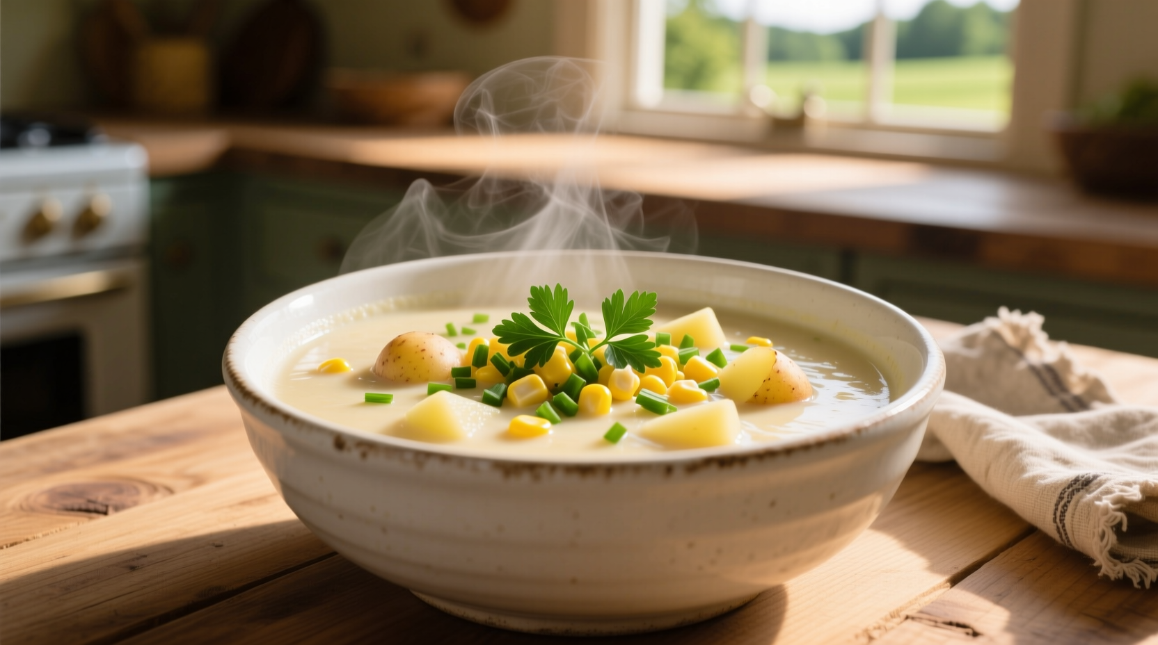 Creamy potato corn chowder in white bowl with fresh herbs