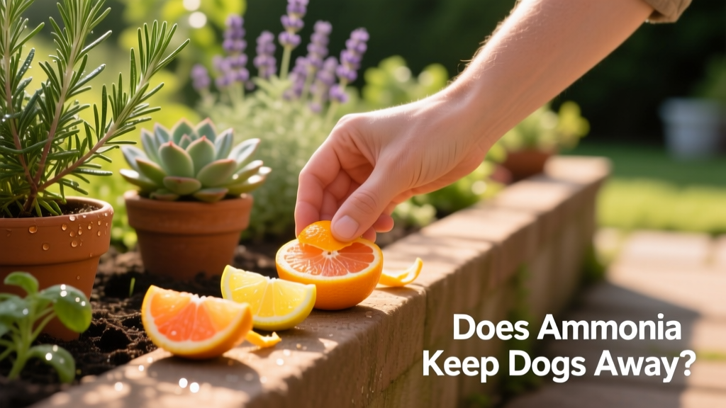 A hand placing citrus peels along a garden edge next to potted plants