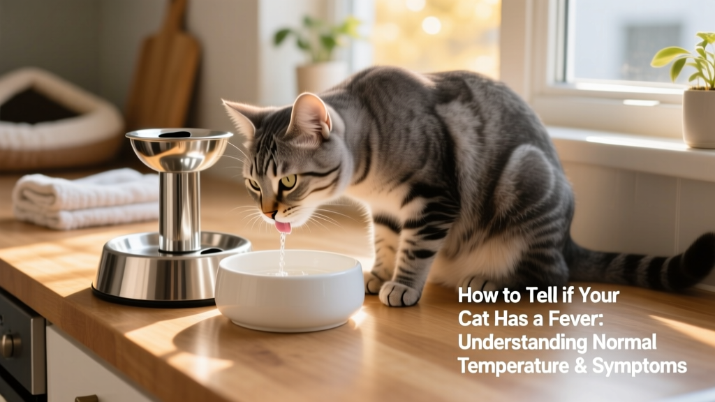 Cat drinking from a stainless-steel pet fountain placed beside a ceramic food bowl