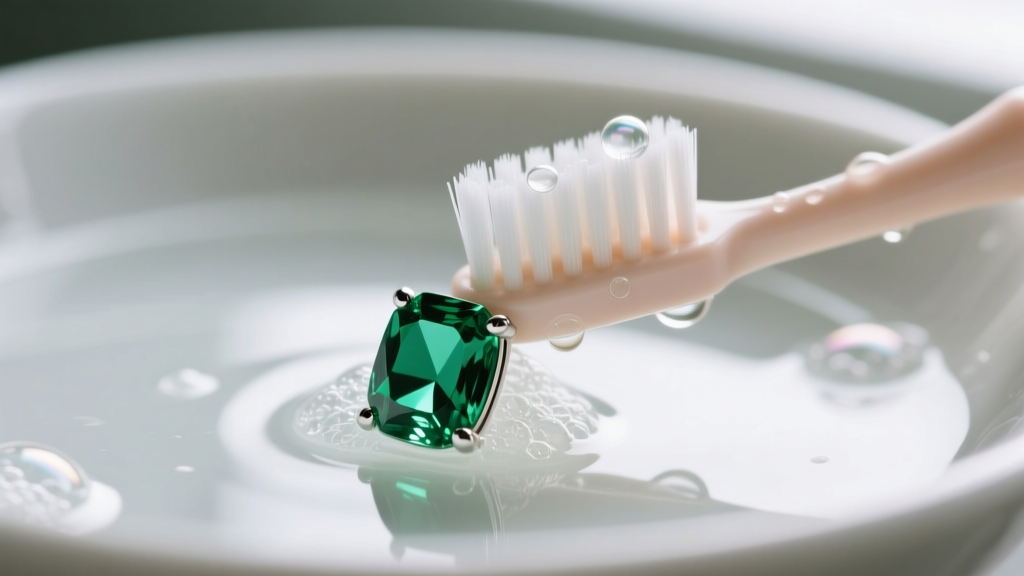 Close-up of a soft baby toothbrush cleaning a prong-set emerald earring in lukewarm soapy water, demonstrating safe gemstone care