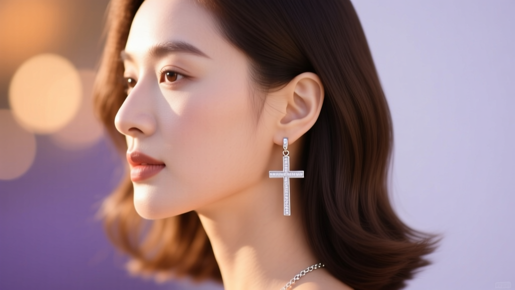Side profile of a woman with an oval face wearing a medium-length platinum dangling cross earring against a blurred background
