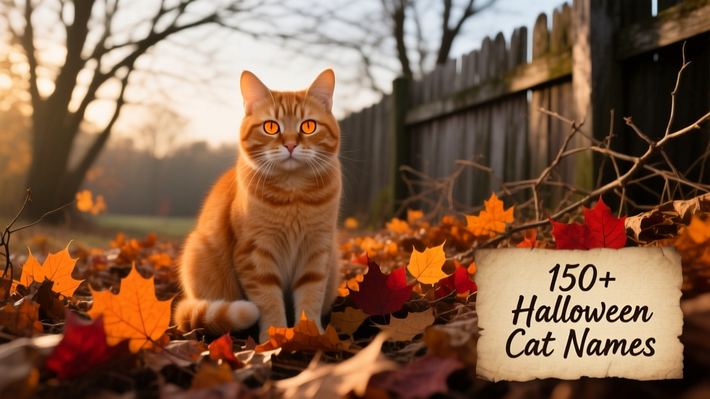 Ginger cat sitting peacefully among fallen orange and red leaves