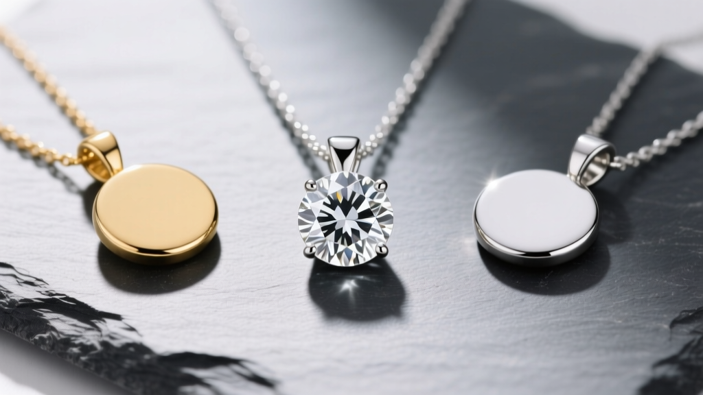 Top view of three necklace circle pendants on slate: a 10mm silver, 15mm gold, and 20mm diamond piece in soft lighting