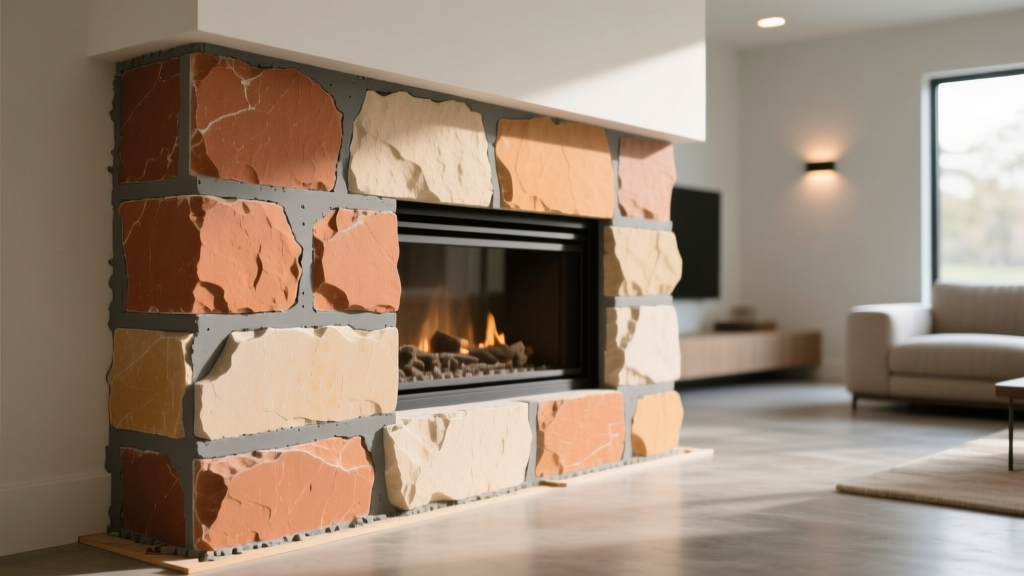 Close-up of manufactured ledgestone veneer in warm earth tones being installed with gray mortar on a modern living room fireplace surround