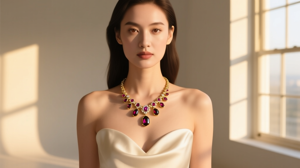 Woman wearing an 18k gold garnet and ruby necklace with a sweetheart neckline, bathed in soft, natural golden hour sunlight.