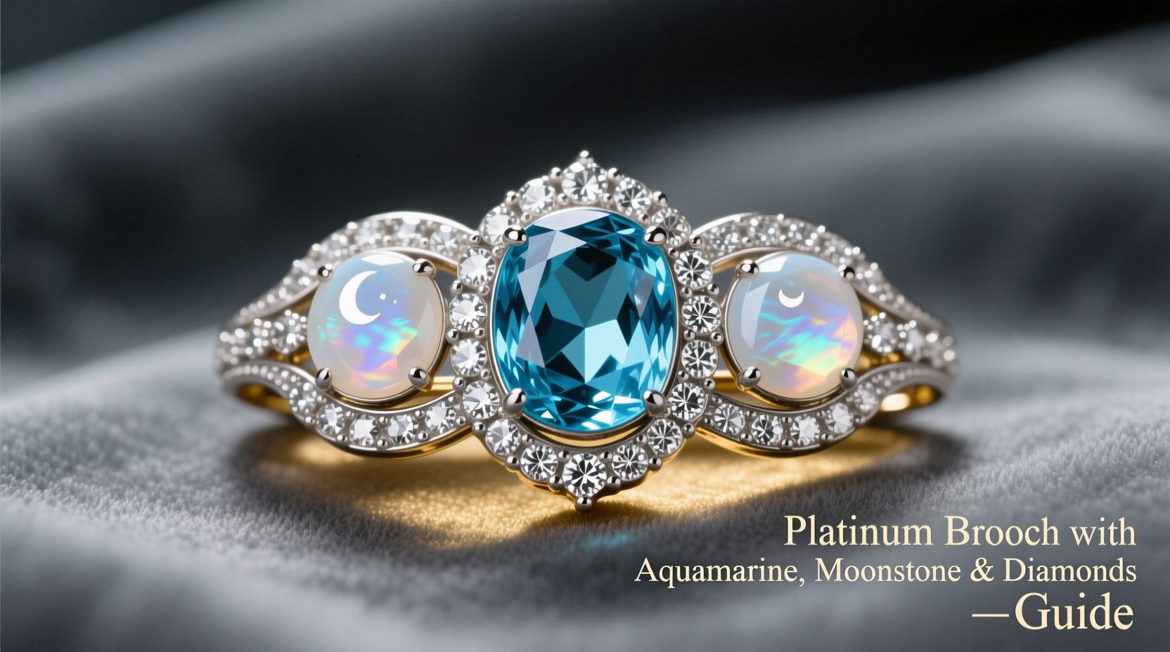 brooch in platinum with an aquamarine moonstones and diamonds