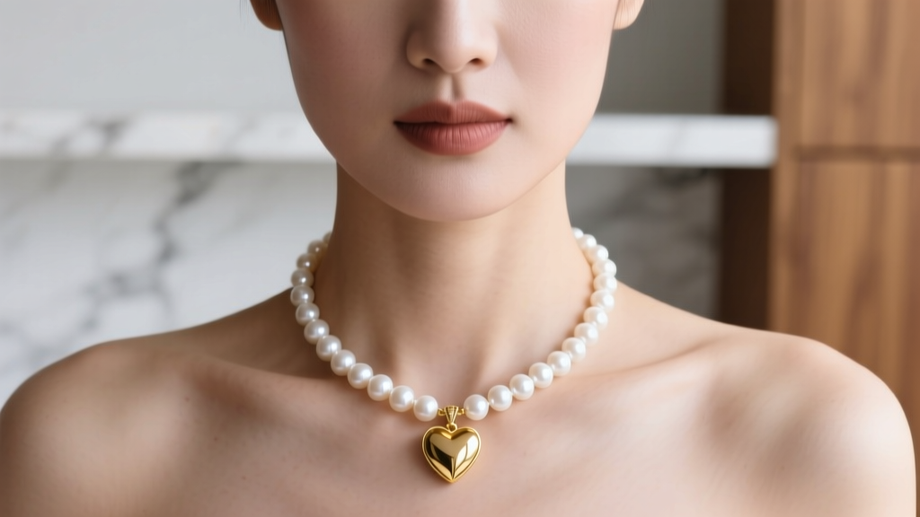 Close-up of a woman wearing an 18-inch white Akoya pearl necklace with a 14k gold heart pendant resting on her collarbone
