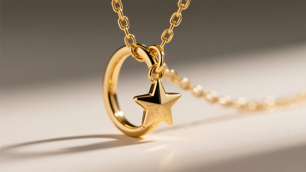 Macro shot of a 5mm oval gold jump ring connecting a star pendant to a box chain, showing the clearance gap that prevents friction