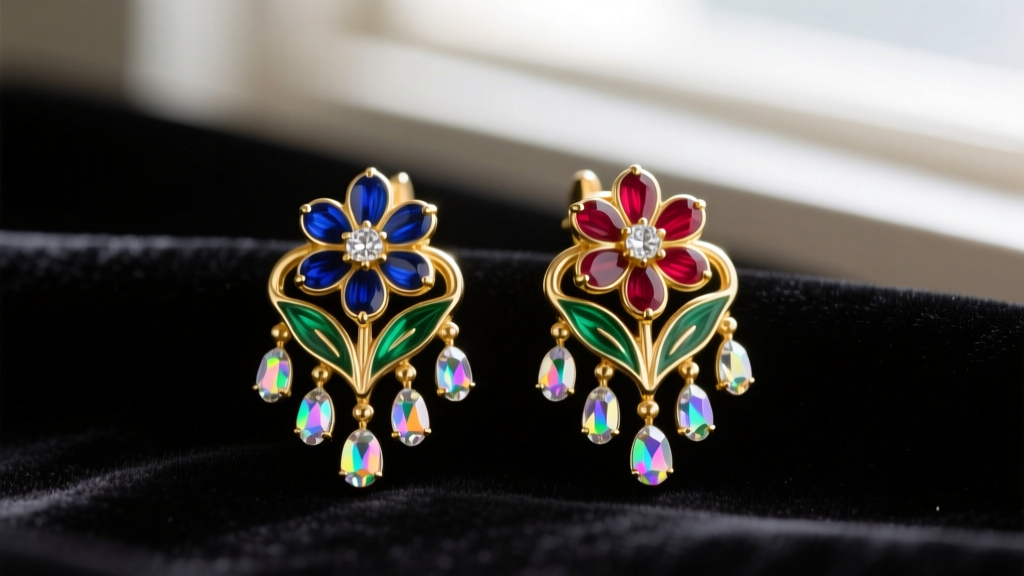 Close-up of 1960s gold-tone vintage Lisner earrings with enameled floral motifs and aurora borealis rhinestones on dark velvet