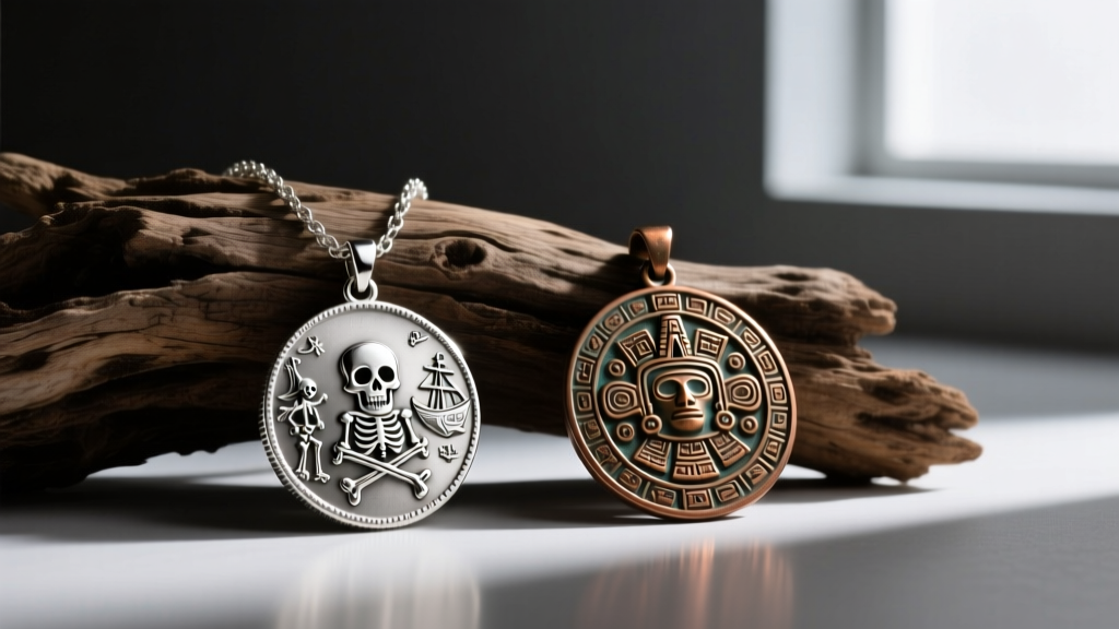 Sterling silver pirate coin necklace and cast bronze Aztec medallion resting on weathered driftwood under moody studio lighting