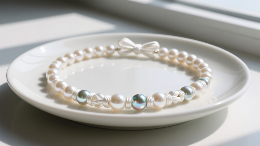 A restrung bead and pearl necklace draped over a ceramic dish, showing tight white silk knots between each lustrous round gem