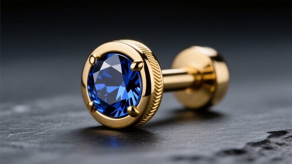 Macro shot of a 14k gold threadless barbell end with a bezel-set sapphire on dark slate, lit by high contrast studio lighting.