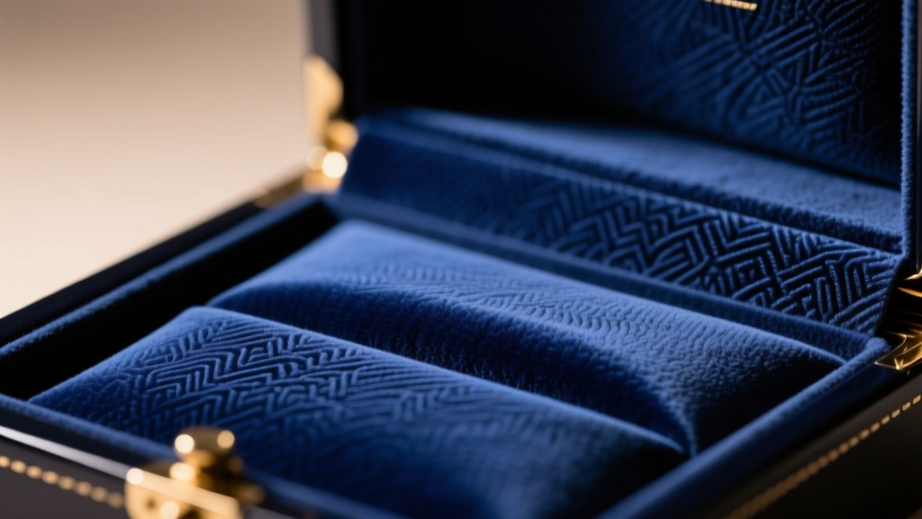 Macro shot of a luxury fabric jewelry box interior, showing navy blue anti-tarnish microfiber lining under warm studio lighting