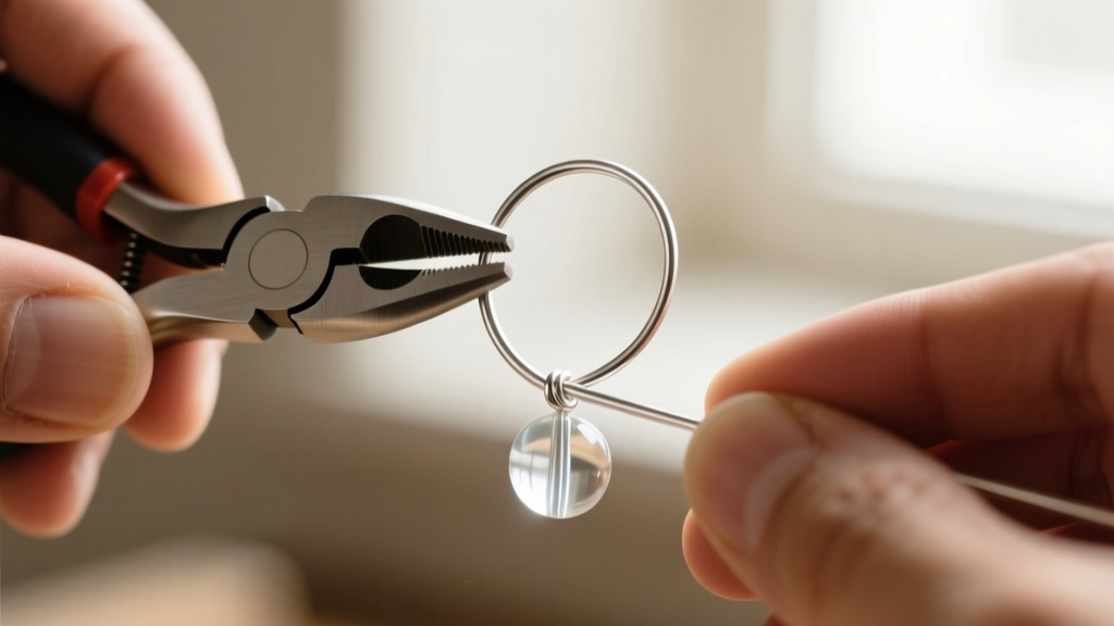 Close-up of hands gripping round nose pliers to form a simple loop in silver wire, with a glass bead partially threaded below