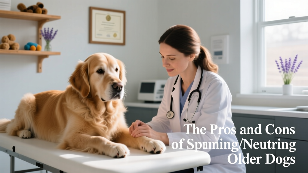 Senior golden retriever resting calmly beside a veterinarian during a gentle wellness exam