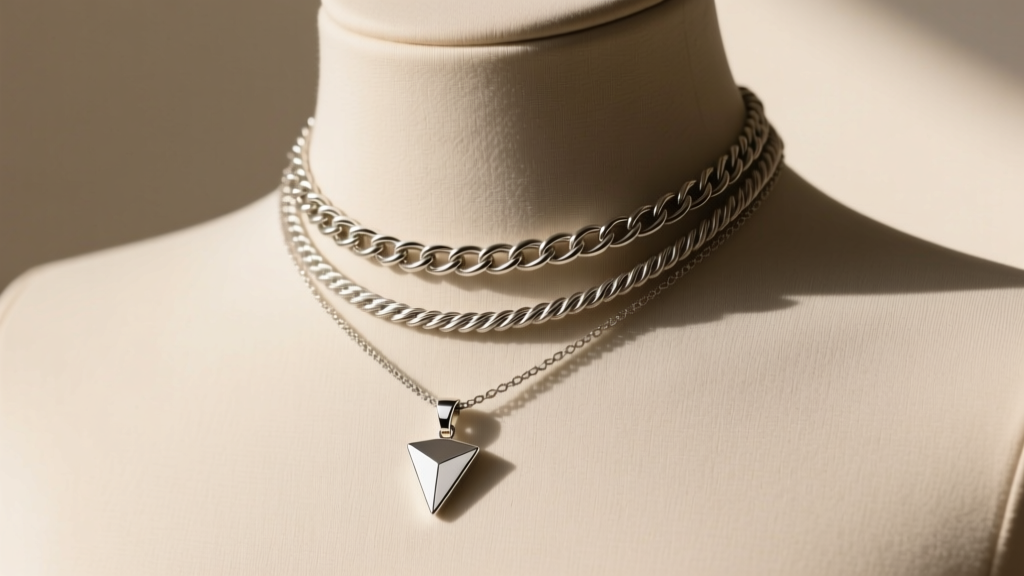 Layered 3mm figaro and 5mm rope chains with a minimalist text pendant on a mannequin neck against a neutral beige background.