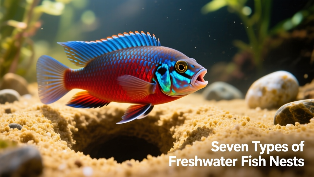 Close-up of a cichlid guarding a pit nest in sandy substrate