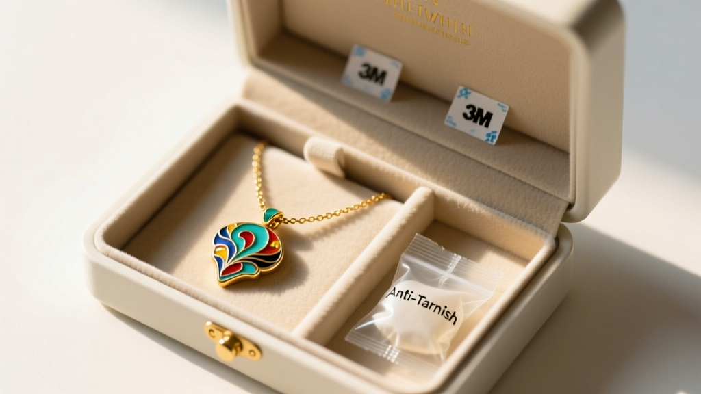 Open anti-tarnish jewelry box with a silica gel packet, 3M strips, and a neatly coiled artisan enamel pendant necklace inside
