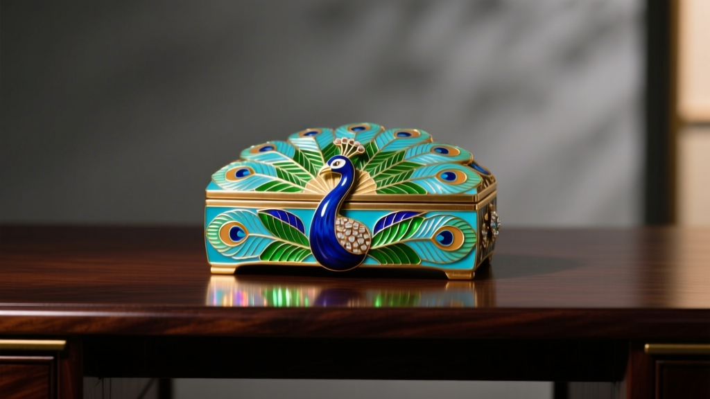Vibrant blue and green cloisonné enamel peacock jewelry box resting on a dark mahogany desk under soft, warm gallery lighting.