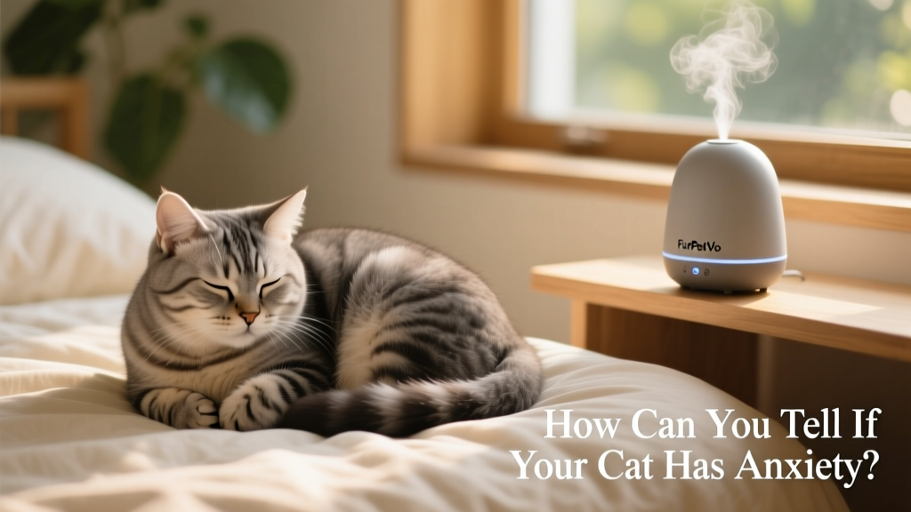 Cat curled comfortably on a soft bed beside a FurPetVo diffuser on a nearby shelf