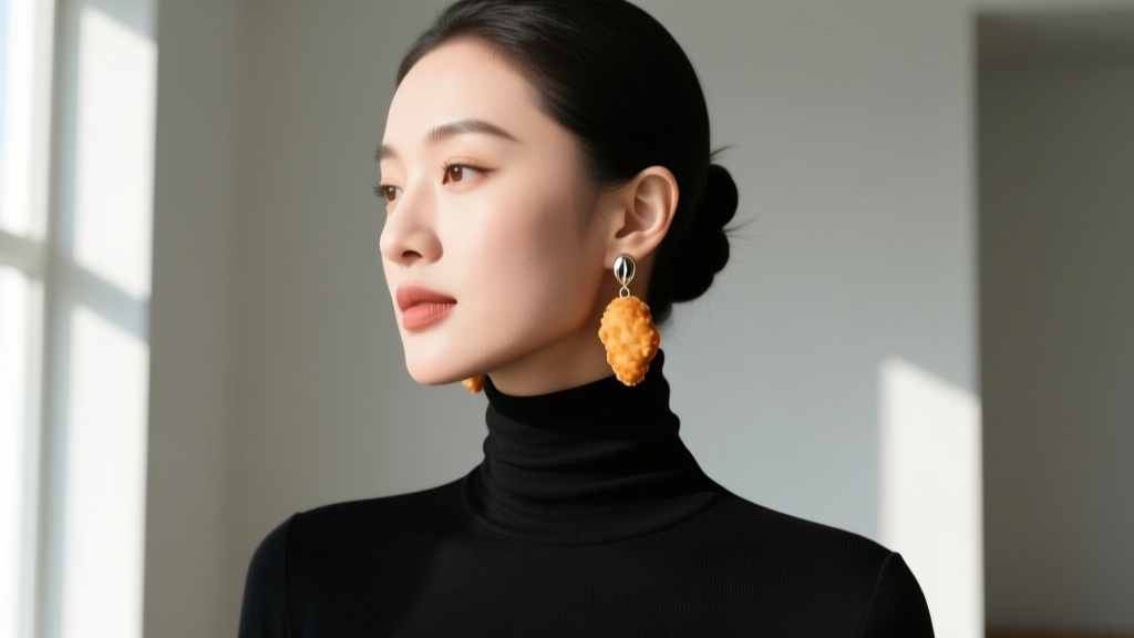 Woman in black turtleneck wearing chicken nugget drop earrings and a sleek updo, illuminated by soft natural window light