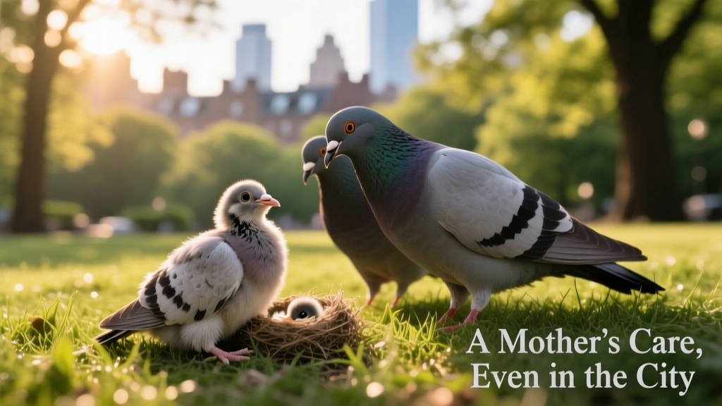 Baby pigeon sitting on grass near concerned adult pigeons