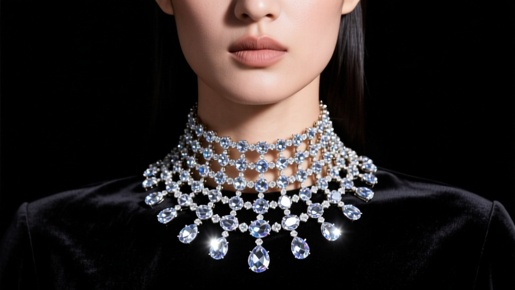 Model wearing a multi-tiered prong-set glass rhinestone collar necklace against dark velvet under bright studio lighting