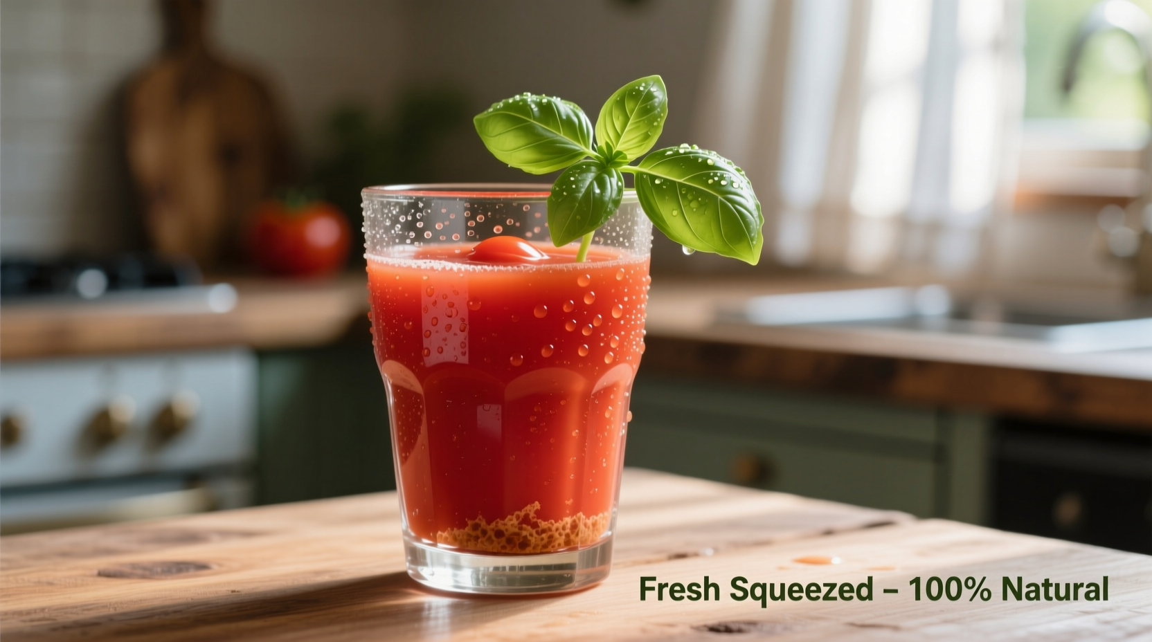 Fresh tomato juice in glass with basil garnish