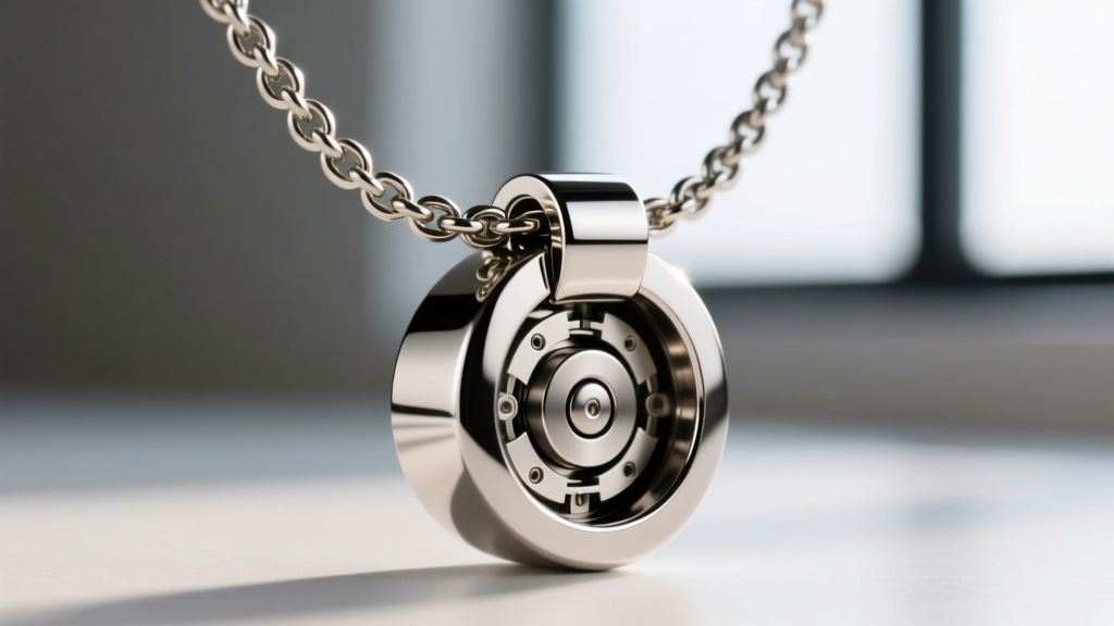 Close-up of a polished steel magnetic necklace clasp snapping together, revealing the hidden neodymium magnets inside the housing