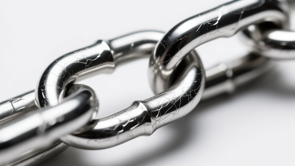 Magnified view of a 316L stainless steel chain link showing micro-scratches but no chemical discoloration under bright LED light.