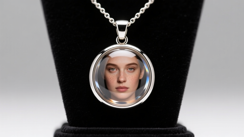 Macro shot of a steel picture necklace pendant with a UV-cured resin portrait sealed under a glass dome, bright studio lighting
