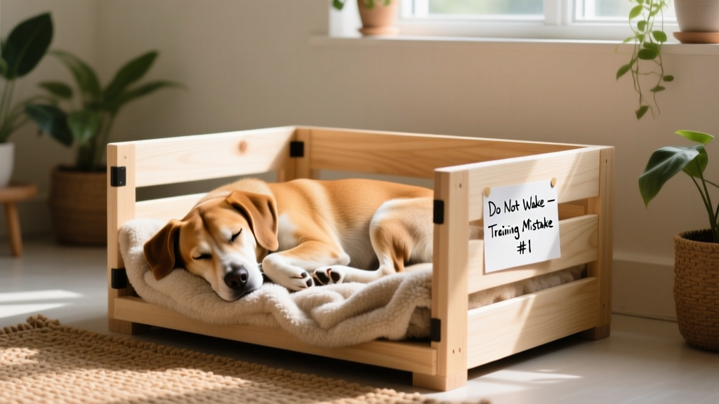 A content adult dog curled up asleep in a clean, inviting crate lined with a soft blanket