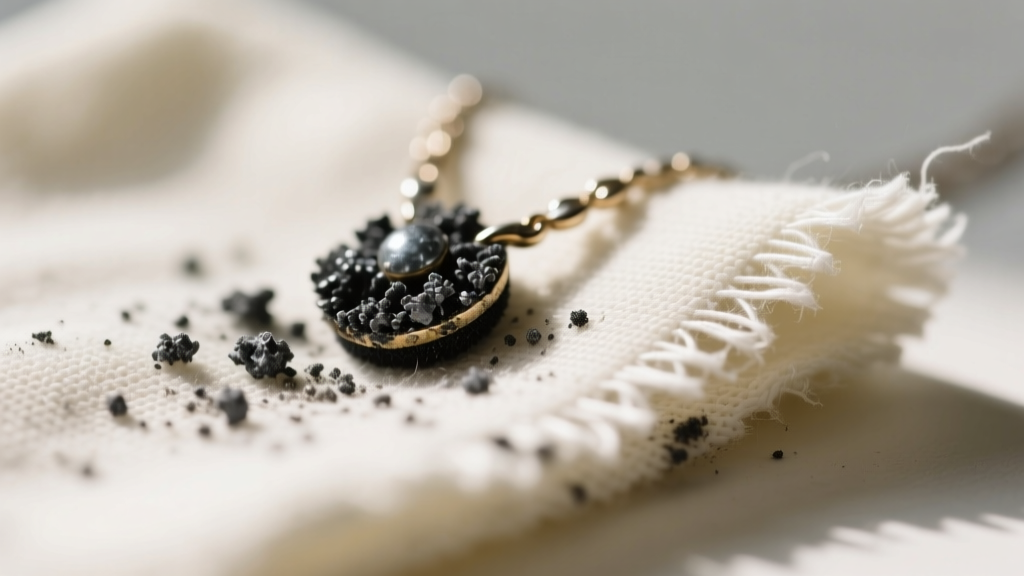 Macro shot showing the black tarnish residue transferred onto the outer buffing layer of a used jewelry polishing cloth