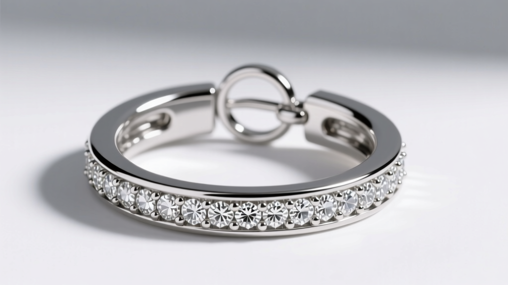 Side view of platinum channel diamond hoop earring showing seamless metal track and secure omega clasp on a clean white background