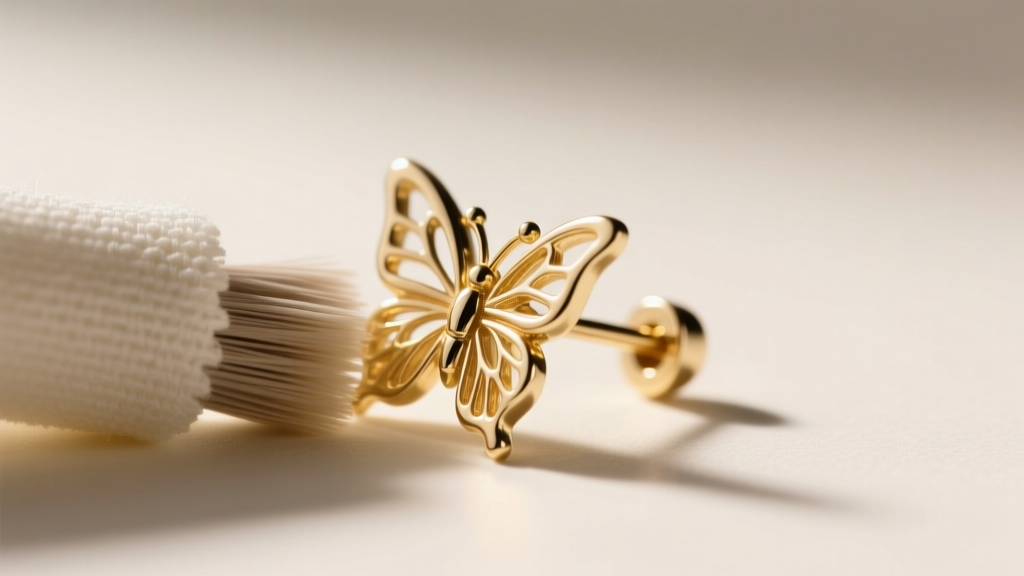 Microfiber cloth gently polishing a gold-plated sterling silver earring post, highlighting the delicate metal butterfly backing