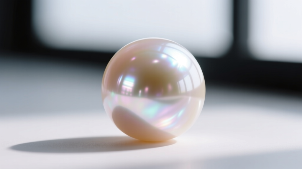 Extreme close-up of a high-luster Akoya pearl showing sharp light reflections and a pristine surface with subtle rose overtones