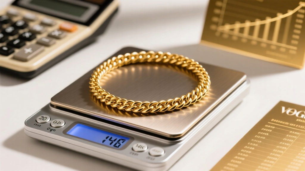 Digital jewelry scale weighing a 20-inch 14k gold rope chain, with a calculator and gold price chart in the soft blurred background.