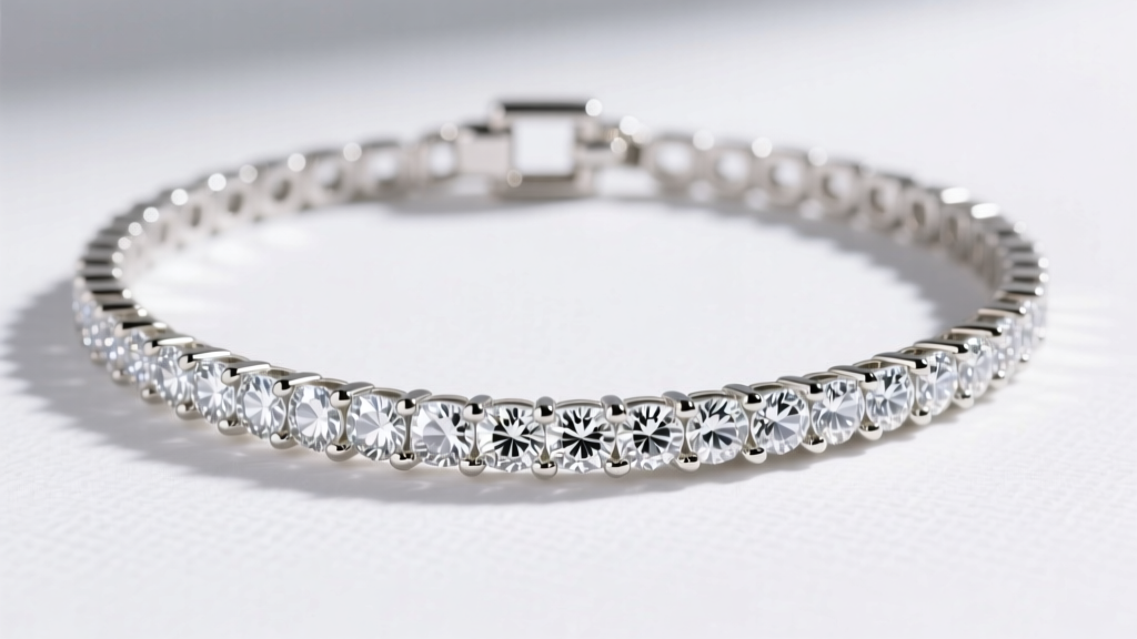 Close-up of an 18k white gold lab-grown diamond tennis necklace with a secure box clasp against a minimalist white background