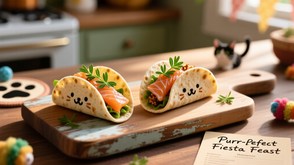 Close-up of two miniature fish tacos on a rustic wooden board, each made with a tiny whole wheat tortilla, flaked salmon, and a sprinkle of catnip