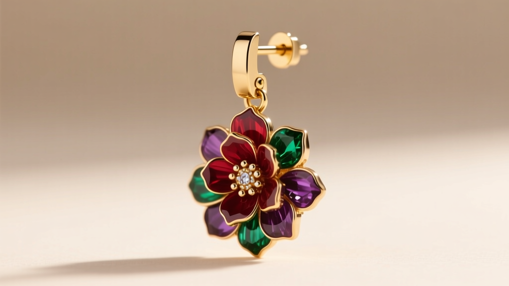 Close-up of a 16-gauge gold earring post with a La Pousette locking clutch mechanism securing a large floral drop earring