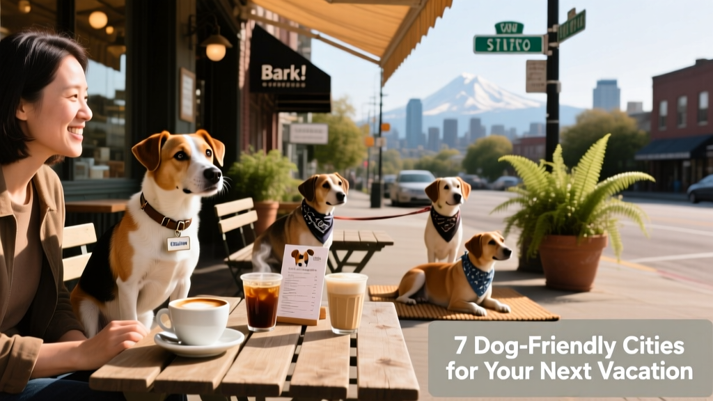 A friendly terrier mix sitting beside its owner at an outdoor table at Bark! Espresso in Seattle, with coffee cups and leashed dogs nearby