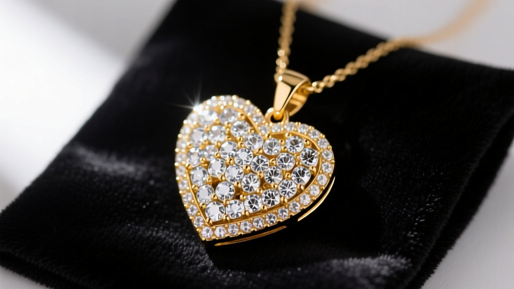Close-up of a gold-plated heart pendant necklace with pave cubic zirconia stones resting on a dark velvet jewelry cleaning cloth.